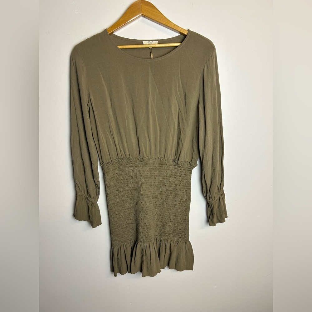 Nwt Easel Mini Dress Linen Sz M Green Olive Smocked Hem Summer Chic Minimalist